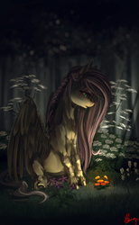 Size: 1652x2674 | Tagged: safe, artist:alumx, fluttershy, g4, female, forest, looking down, paint tool sai, photoshop, signature, solo, sunlight