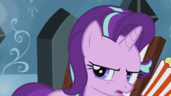 Size: 480x270 | Tagged: safe, screencap, starlight glimmer, pony, g4, the crystalling, animated, female, food, hooves, jumping, popcorn, rage quit