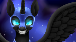 Size: 2080x1170 | Tagged: safe, artist:zoruanna, nightmare moon, g4, evil grin, female, glare, glowing, smiling, solo