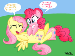 Size: 1071x800 | Tagged: safe, artist:walliscolours, fluttershy, pinkie pie, earth pony, pegasus, pony, g4, female, lesbian, ship:flutterpie, shipping, tickling