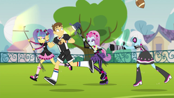 Size: 1280x720 | Tagged: safe, screencap, photo finish, pixel pizazz, teddy t. touchdown, violet blurr, equestria girls, g4, my little pony equestria girls: friendship games, photo finished, american football, background human, female, male, sports, the snapshots