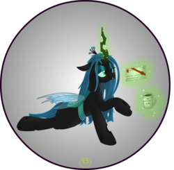 Size: 5000x4899 | Tagged: safe, artist:lakword, queen chrysalis, changeling, changeling queen, g4, absurd resolution, coffee, coffee mug, female, letter, lying down, magic, mug, simple background, smiling, solo, transparent background