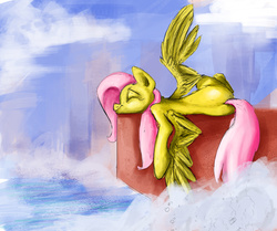 Size: 1920x1606 | Tagged: safe, artist:red, fluttershy, g4, eyes closed, female, prone, solo, spread wings