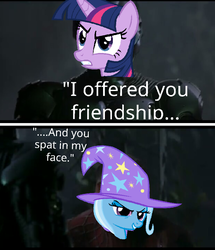 Size: 705x821 | Tagged: safe, trixie, twilight sparkle, pony, unicorn, g4, my little pony: friendship is magic, no second prances, angry, female, green goblin, male, mare, meta, photoshop, smug, spider-man