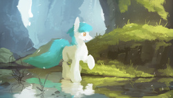 Size: 2561x1440 | Tagged: safe, artist:fuzzyfox11, oc, oc only, forest, reflection, solo, water