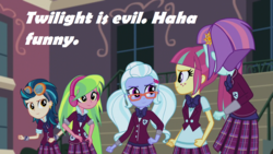 Size: 1280x720 | Tagged: safe, edit, screencap, indigo zap, lemon zest, sour sweet, sugarcoat, sunny flare, equestria girls, g4, my little pony equestria girls: friendship games, clothes, crystal prep academy uniform, crystal prep shadowbolts, glasses, goggles, headphones, inverted mouth, school uniform, shadow five, text