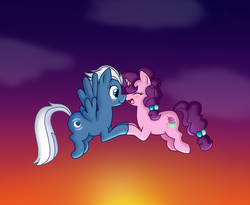 Size: 1491x1224 | Tagged: safe, artist:tarana10, night glider, sugar belle, g4, blushing, cute, eyes closed, female, floating, flying, happy, holding hooves, how, lesbian, open mouth, ship:sugarglider, shipping, smiling, sunset