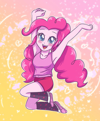 Size: 2868x3472 | Tagged: safe, artist:sumin6301, pinkie pie, equestria girls, g4, armpits, belly button, blushing, clothes, cute, diapinkes, excited, female, happy, high res, jumping, looking at you, midriff, open mouth, shorts, slippers, solo, tank top