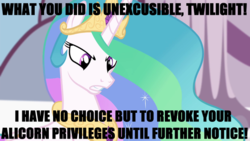 Size: 640x360 | Tagged: safe, edit, edited screencap, screencap, princess celestia, alicorn, pony, g4, season 4, twilight's kingdom, displeased, image macro, implied twilight sparkle, meme, punishment, unamused