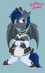 Size: 506x810 | Tagged: safe, artist:php62, oc, oc only, oc:fang, bat pony, pony, annoyed, bat pony oc, clothes, crossdressing, maid, outfit, socks, thigh highs