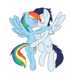 Size: 2000x2000 | Tagged: safe, artist:victoreach, rainbow dash, soarin', pony, g4, commission, female, flying, high res, hoof on flank, kissing, male, old cutie mark, ship:soarindash, shipping, straight