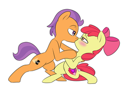 Size: 2000x1417 | Tagged: safe, artist:victoreach, apple bloom, tender taps, earth pony, pony, g4, cutie mark, dancing, duo, eye contact, female, kiss on the lips, kissing, looking at each other, looking at someone, male, shipping, simple background, straight, tenderbloom, the cmc's cutie marks, white background