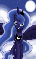 Size: 1150x1850 | Tagged: safe, artist:theroyalprincesses, princess luna, pony, g4, bedroom eyes, cloud, cute, female, full moon, grin, incoming hug, looking at you, lunabetes, moon, night, night sky, raised leg, smiling, solo, spread wings, stars