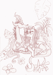 Size: 1000x1398 | Tagged: safe, artist:praysforaprankster, discord, fluttershy, draconequus, pegasus, pony, g4, duo, female, looking at each other, male, monochrome, plants, rainforest, ship:discoshy, shipping, sketch, straight