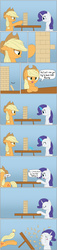 Size: 850x3716 | Tagged: safe, artist:vanillaghosties, applejack, rarity, earth pony, pony, unicorn, g4, angry, bucking, cheating, comic, female, horn, jenga, magic, mare, rage quit, sweat, table flip, telekinesis, tongue out