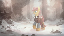 Size: 2538x1427 | Tagged: safe, artist:fuzzyfox11, scootaloo, clothes, female, forest, goggles, snow, snowfall, solo, winter