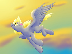 Size: 1776x1332 | Tagged: safe, artist:greenpidge, derpy hooves, pegasus, pony, g4, female, flying, mare, solo, tongue out