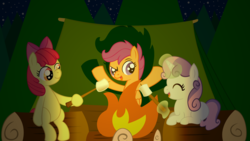 Size: 1920x1080 | Tagged: artist needed, safe, apple bloom, scootaloo, sweetie belle, g4, /pone/, 8chan, campfire, cutie mark crusaders, food, marshmallow, tent