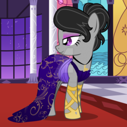 Size: 1024x1024 | Tagged: safe, artist:lostinthetrees, octavia melody, earth pony, pony, g4, alternate hairstyle, clothes, deviantart watermark, dress, eyeshadow, fancy, female, gala dress, makeup, necklace, obtrusive watermark, shoes, solo, watermark