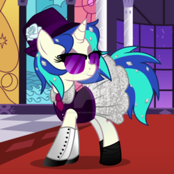 Size: 1024x1024 | Tagged: safe, artist:lostinthetrees, dj pon-3, vinyl scratch, pony, unicorn, g4, alternate hairstyle, clothes, deviantart watermark, dress, female, flower, gala dress, hat, hooves, horn, mare, necktie, obtrusive watermark, rose, shoes, smiling, solo, sunglasses, watermark, window