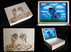 Size: 1280x944 | Tagged: safe, artist:horseez, minuette, twilight sparkle, alicorn, pony, g4, acrylic painting, box, female, mare, pyrography, traditional art, twilight sparkle (alicorn), woodwork