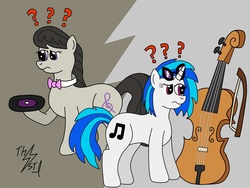 Size: 1288x966 | Tagged: safe, artist:goldenstorm21, dj pon-3, octavia melody, vinyl scratch, g4, bow (instrument), cello, cello bow, confused, musical instrument, question mark, record, role reversal