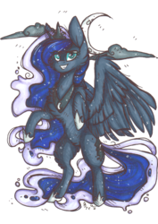 Size: 777x1095 | Tagged: safe, artist:tay-niko-yanuciq, princess luna, g4, female, fluffy, grin, moon, rearing, simple background, solo, spread wings, traditional art, transparent background