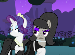 Size: 1024x747 | Tagged: safe, artist:cheezedoodle96, artist:trainman3985, octavia melody, rarity, pony, g4, alternate hairstyle, audrey hepburn, bedroom eyes, breakfast at tiffany's, clothes, dress, duo, evening gloves, eyeshadow, gloves, holly golightly, makeup, necklace, night, pantyhose, tiara, vector