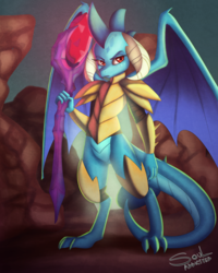 Size: 2000x2500 | Tagged: safe, artist:souladdicted, princess ember, dragon, g4, gauntlet of fire, bloodstone scepter, dragon armor, dragon lord ember, female, high res, missing shoes, signature, solo
