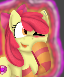 Size: 1024x1229 | Tagged: safe, artist:fennelynthefennekin1, apple bloom, g4, blushing, clothes, cutie mark, earring, female, older, piercing, socks, solo, striped socks, teenager, the cmc's cutie marks, tongue out, tongue piercing, wink