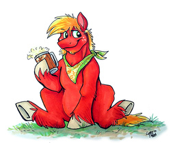 Size: 870x732 | Tagged: safe, artist:spainfischer, big macintosh, earth pony, pony, g4, bandana, cider, male, sitting, solo, stallion