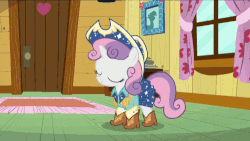 Size: 500x281 | Tagged: safe, screencap, sweetie belle, pony, g4, on your marks, animated, boots, clothes, clubhouse, cow belle, cowboy boots, cowboy hat, crusaders clubhouse, cute, cutie mark, dancing, diasweetes, female, hat, perfect loop, shoes, solo, the cmc's cutie marks