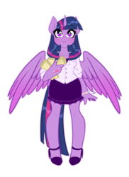 Size: 1280x1760 | Tagged: safe, artist:meb90, twilight sparkle, anthro, plantigrade anthro, g4, clothes, female, high heels, looking at you, scroll, shoes, simple background, skirt, smiling, solo, twilight sparkle (alicorn), white background