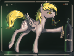 Size: 2000x1500 | Tagged: safe, artist:madhotaru, derpy hooves, pegasus, pony, g4, camera shot, experiment, female, folded wings, mare, oil can, oxygen tank, recording, russian, safety last!, solo, this will end in tears, what could possibly go wrong