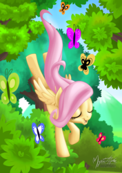 Size: 1447x2047 | Tagged: safe, artist:mysticalpha, fluttershy, butterfly, g4, cute, eyes closed, female, shyabetes, solo