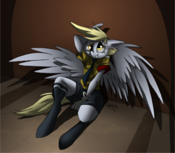 Size: 1232x1080 | Tagged: safe, artist:quynzel, derpy hooves, anthro, unguligrade anthro, g4, clothes, female, hellsing, parody, schrödinger, solo, stockings, uniform