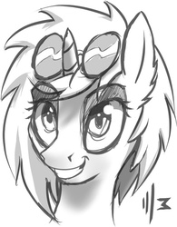 Size: 608x781 | Tagged: safe, artist:justafallingstar, dj pon-3, vinyl scratch, g4, bust, female, glasses, portrait, sketch, solo