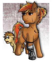 Size: 1682x1989 | Tagged: safe, artist:kukotte, oc, oc only, oc:tequila shots, amputee, colt, male, mother and son, prosthetic limb