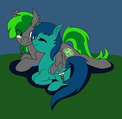 Size: 1200x1167 | Tagged: safe, oc, oc only, oc:karl, pegasus, pony, cute, female, green eyes, hug, lying down, male, mare, prone, smiling, stallion, winghug, wings