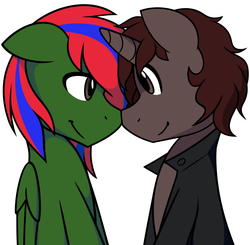 Size: 2133x2088 | Tagged: safe, artist:furrgroup, oc, oc only, oc:charmed fortune, oc:praetorianoverlord, pony, boop, brown eyes, clothes, duo, eye contact, gay, high res, jacket, looking at each other, male, nuzzling, simple background, white background
