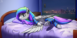 Size: 1440x720 | Tagged: safe, artist:justafallingstar, oc, oc only, pegasus, pony, bed, bedroom, city, clothes, requested art, socks, sultry pose