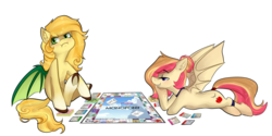 Size: 1024x512 | Tagged: safe, artist:goshhhh, oc, oc only, oc:apple bite, oc:sunflower meadows, bat pony, board game, cute, floppy ears, hooves up, monopoly, monopony, simple background