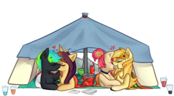 Size: 1024x567 | Tagged: safe, artist:goshhhh, oc, oc only, oc:apple bite, oc:glitch, oc:lessi, oc:sunflower meadows, pony, female, glessi, heart, kissing, lesbian, male, simple background, sleepover, straight, transparent background