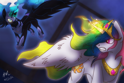 Size: 900x600 | Tagged: safe, artist:korvahk, nightmare moon, princess celestia, g4, fight, glowing eyes, glowing horn, horn, royal sisters