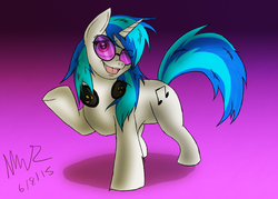 Size: 900x643 | Tagged: safe, artist:korvahk, dj pon-3, vinyl scratch, pony, unicorn, g4, cutie mark, female, gradient background, hooves, horn, looking at you, mare, open mouth, signature, simple background, solo, sunglasses, teeth, wink