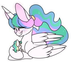 Size: 1024x896 | Tagged: safe, artist:korgikardigan, princess celestia, oc, oc:apollo, pony, g4, alternate hairstyle, duo, faic, impossibly large ears, lidded eyes, momlestia, mother and son, offspring, parent:princess celestia, ponytail, woll smoth