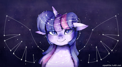 Size: 1200x667 | Tagged: safe, artist:egophiliac, twilight sparkle, alicorn, pony, g4, constellation, digital painting, female, floppy ears, looking at you, mare, smiling, solo, stars, twilight sparkle (alicorn), wings