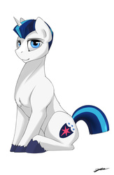 Size: 1300x2000 | Tagged: safe, artist:gasmaskfox, shining armor, g4, alternate hairstyle, buzzcut, looking at you, male, short mane, sitting, solo