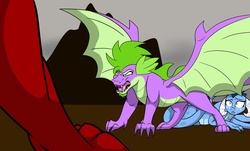 Size: 3147x1905 | Tagged: safe, artist:colourstrike, garble, princess ember, spike, dragon, g4, gauntlet of fire, female, male, older, older spike, pregnant, protecting, ship:emberspike, shipping, shit just got real, straight, this will end in death, winged spike, wings