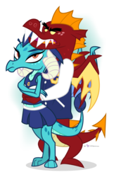 Size: 660x1020 | Tagged: safe, artist:dm29, garble, princess ember, dragon, g4, awkward, cheerleader, cheerleader ember, cheerleader outfit, cheerleading, crossed arms, dragoness, dragons wearing clothes, dragons wearing human clothes, dragons wearing school uniforms, female, male, ship:emble, shipping, simple background, straight, transparent background, varsity jacket